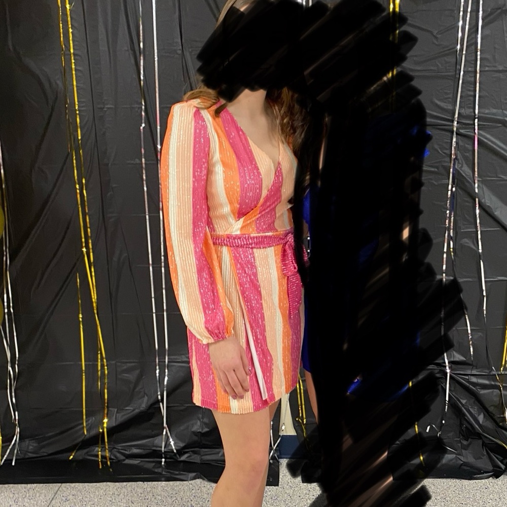 Pink Striped Formal/Winter Ball Dress Long Sleeve